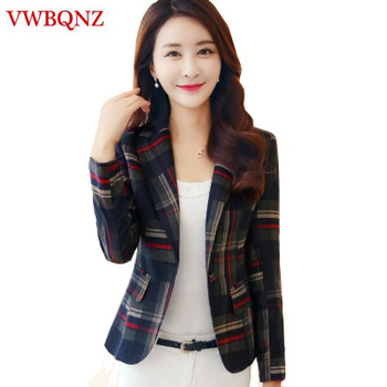 Women Plaid Business Suits Spring Autumn Single Button Female Blazers Jackets Short Slim Plaid Blazer Women Suit Plus Size 3XL