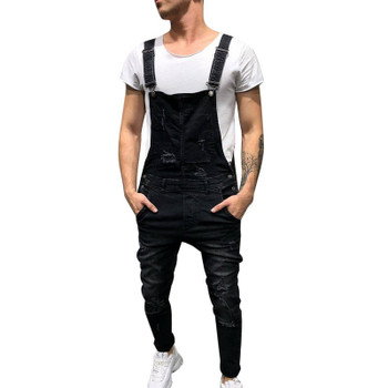 MoneRffi Mens Ripped Jeans Jumpsuits Spring Autumn Skinny Distressed Denim Bib Overalls Male Suspender Pant Streetwear Plus Size