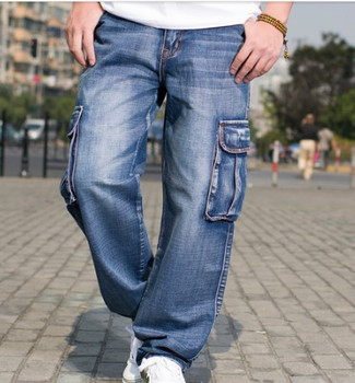 Mens Multi Pocket Wide Leg Loose Cargo Jeans For Men Hip Hop Baggy Jeans Homme Men's Biker Denim Trousers Slack Plus Size 44 46