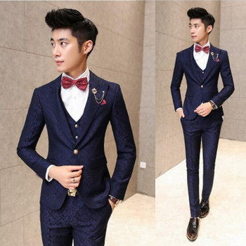 (Jackets+Pants+vest) 2017 Mens Casual Slim Fit Printed flowers single Breasted Suit Male Fashion wedding And Party Blazer Dress
