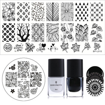 BORN PRETTY 4Pcs Stamping Polish Plate Set 6ml Black White Polish French Cloud Net Template for Nail Decoration