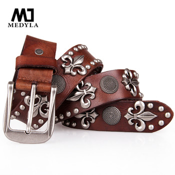 MEDYLA Top Layer Rivet Punk Male Belt Genuine Leather Belts Novelty Designed Personally Gift for Man Skull Decoration for Jeans