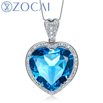 ZOCAI ZODIAC GEM 7.0 CT TOPAZ 0.21CT DIAMOND 9K WHITE GOLD BLUE HEART PENDANT + 925 STERLING SILVER CHAIN NECKLACE D02493 