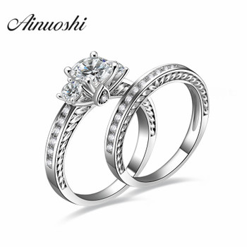  AINOUSHI Fashion 925 Sterling Silver Lover Engagement Bridal Ring Sets 1 Carat 4 Prongs Round Cut Wedding Anniversary Ring Sets 