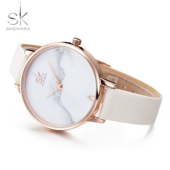 Shengke Fashion Women Watches Elegant Female Wrist Watches  White Leather Watches Quartz Clock Montre Femme Marble Dial 2017 SK