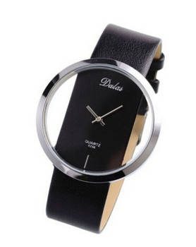 Black Leather Transparent Dial Fashion Lady Girl Wrist Quartz