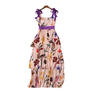 TWOTWINSTYLE Print Strap Dresses Women Sleeveless High Waist Floor Length Pleated Dress Female 2019 Summer Casual Fashion New