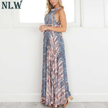 NLW Boho Blue Flower Maxi Dress Halter Summer Dress 2019 Women High Split Backless Sexy Long Dress Beach Party Chic Girl Vestido