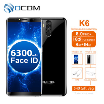 Oukitel K6 Full Display Face Unlock 6.0''FHD 6GB RAM 64GB ROM MTK6763 Octa Core 21MP 4 Cameras 6300mAh NFC Mobile Phone