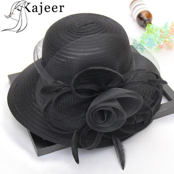 Kajeer Summer Hats for Women Solid Satin Feather Floral Wide Brim Sun Hats Ladies Floppy Hats for Flower Church Tea Party Dress