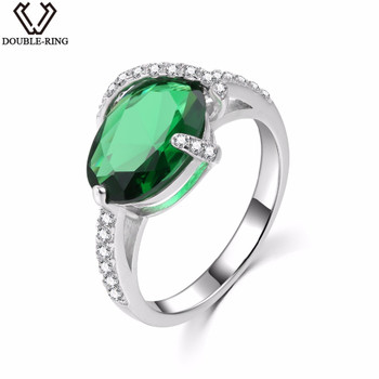 DOUBLE-R Created Emerald 3.38ct Gemstone Sterling Silver Ring Zircon 925 Engagement Ring
