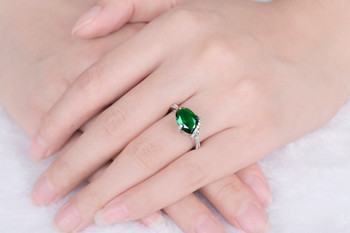 DOUBLE-R Created Emerald 3.38ct Gemstone Sterling Silver Ring Zircon 925 Engagement Ring