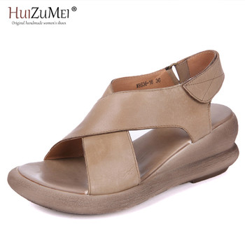  HUIZUMEI Fashion Shoes Women Genuine Leather Hand-made Sandal Summer New Wedges Retro And Stylish Shoes Slip-proof For Women