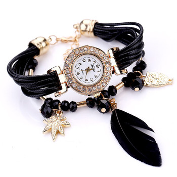 Duoya Brand Quartz Watches Women Fashion Feather Pendant Luxury Bracelet Wristwatch Women Dress Ladies Leather Strap Gold Watch