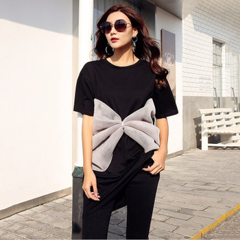 TWOTWINSTYLE Bow T Shirt For Women O Neck Short Sleeve Mesh Patchwork Big Size Midi T Shirts 2018 Summer Fashion Casual Clothing