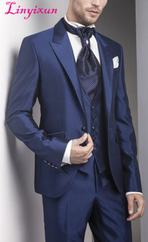 Linyixun New Arrival 3 Pieces Dark Blue Wedding Bridegroom Suits Groomsman Men's Suits Groom Tuxedos Handmade