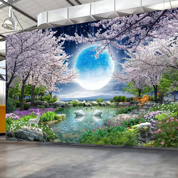 Custom Mural Wall Paper Moon Cherry Blossom Tree Nature Landscape Wall Painting Living Room Bedroom Photo Wallpaper Home Deco