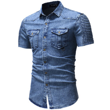 Denim Shirt Men Fashion short Sleeves Shirt Casual Slim Fit Denim Tops Streetwear High Quality Pure color short-sleeve shirt