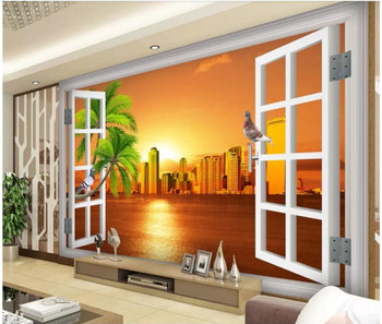 Custom mural photo 3d room wallpaper Window, sea view, sunset building Home decoration 3d wall murals wallpaper for walls 3 d