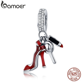 BAMOER 100% 925 Sterling Silver Women Shoes, Mirror Makeup Pendant Charm fit Women Bracelet DIY Jewelry Women Gift SCC457