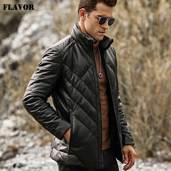 FLAVOR Men's Real Leather Down Jacket Men Genuine Lambskin Winter Warm Leather Coat with Removable Standing Sheep Fur Collar 