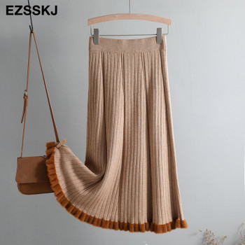 warm Vintage Winter Women thick sweater skirt High Waist Pleate Midi knitted Skirt A-line please female elegant Skirts