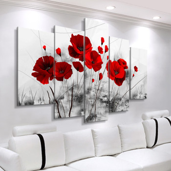 Modern Canvas Painting 5 Pieces Combined Flowers Posters Abstract Red Poppy Canvas Printings Wall Pictures for Living Room