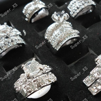 12Pcs 6 Pairs Rhinestones Zircon 2 in 1 Silver Plated Rings For Women Whole Jewelry Bulk Ring Lots LR154