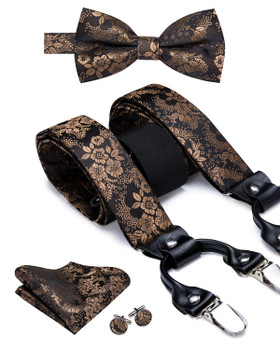  Hi-Tie Silk Adult Men's suspenders Set Leather Metal 6 Clips Braces Gold Brown Floral Vintage Men Elastic Wedding Suspenders Men