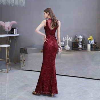 Red Mermaid Short Sleeve Evening Dress Rhinestone Formal Evening Gown Party Dresses Gowns Long Women Evening Robe De Soiree