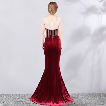 Red Mermaid Short Sleeve Evening Dress Rhinestone Formal Evening Gown Party Dresses Gowns Long Women Evening Robe De Soiree