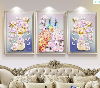 Unframed 3 Pieces/Set 3D Effect Orchid Vase Peacock Painting Posters For Living Room Pictures Canvas Wall Art 