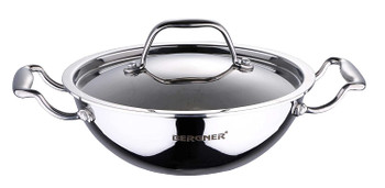  Bergner Argent Triply Stainless Steel Kadhai with Stainless Steel lid 20 cm Silver 