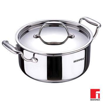 Bergner Argent Triply Stainless Steel Casserole with Stainless Steel Lid, 20 cm, 3.1 Liters. Induction Base, Silver