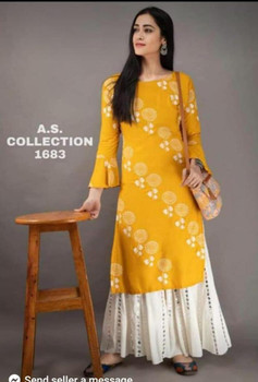 New Designer work Top Palazzo Hot and Latest Rayon Kurti With Palazzo-Yellow L,XL,XXl