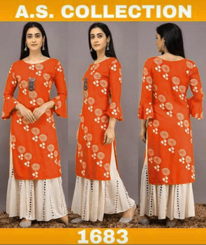 New Designer work Top Palazzo Hot and Latest Rayon Kurti With Palazzo-Orange L,XL,XXL