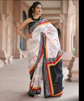 Cotton Mulmul Handblock Print Black and White Saree with Blouse