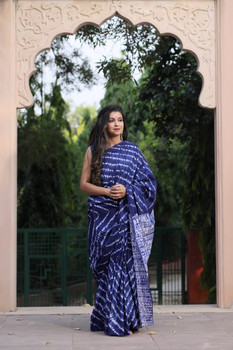 Cotton Mulmul Handblock Print Dark Blue Saree with Blouse