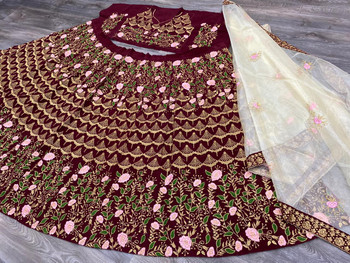 Maroon Bridal Velvet Multi Color Embroidered Lehenga Choli Set