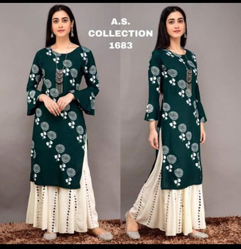 New Designer work Top Palazzo Hot and Latest Rayon Kurti With Palazzo-Green (SizeXL) 