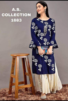  New Designer work Top Palazzo Hot and Latest Rayon Kurti With Palazzo-Blue (Size-XL)