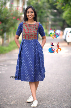 Cotton Printed Neckline with One Side Dory Western Style Blue Kurti
