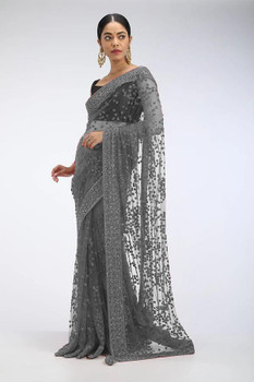 New 2021 beautiful Designer Saree on premium Net fabric with Sequnce work and blouse on Benglori silk Saree-GRAY