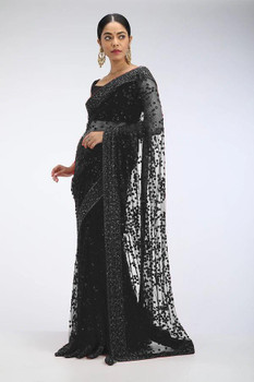  New 2021 beautiful Designer Saree on premium Net fabric with Sequence work and blouse on Benglori silk Saree-BLACK