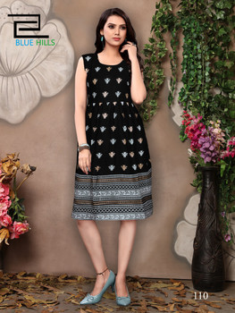 Indian Stylists Sleeves Rayon Print Black Kurti (Size-XXL)