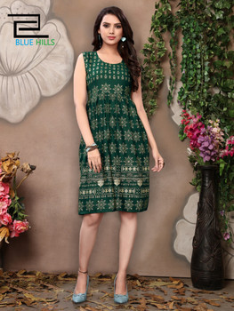 Indian Stylists Sleeves Rayon Print Green Kurti (Size-XL)