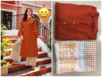 New 2021 Hot and Latest Fancy Kurti With print Palazzo Pair-Brown(Size-L) 