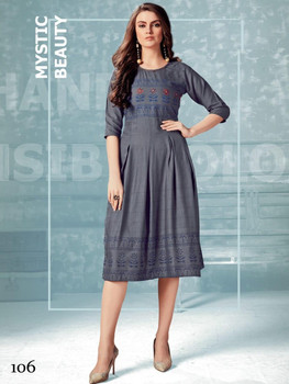 New 2021 Heavy Rayon Slub With Foil and Hand Work One piece Gray Midi (Size-L)