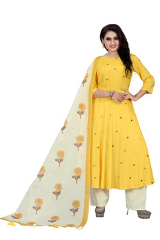 New 2021 Attractive Mirror Work Yellow Kurti with Palazzo and Dupatta (Size-L)