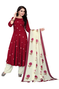 New 2021 Attractive Mirror Work Red Kurti with Palazzo and Dupatta (Size-XXL)